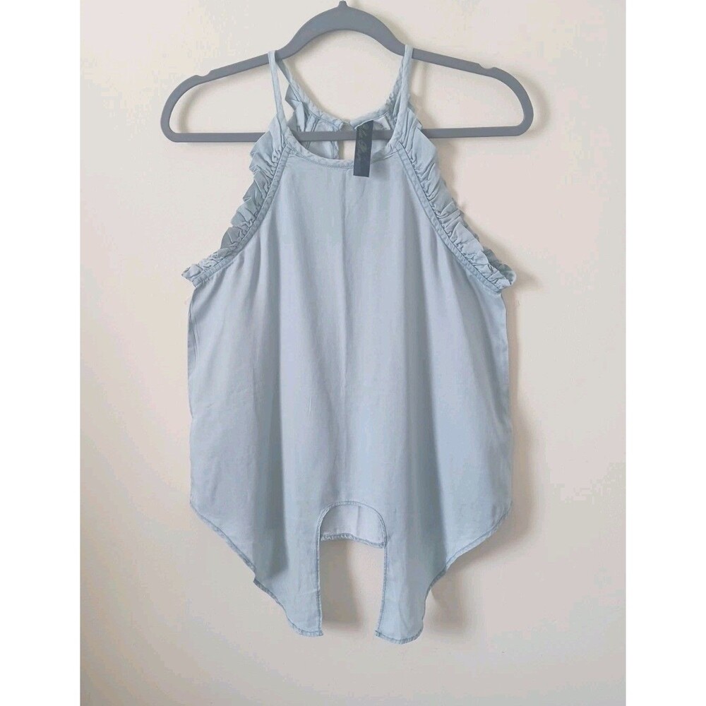 Denim Crop Top Blue Ruffle Tie Front Spaghetti Strap Y2K Coquette Size S